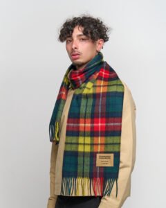 A stack of folded plaid cashmere scarves in different colours.